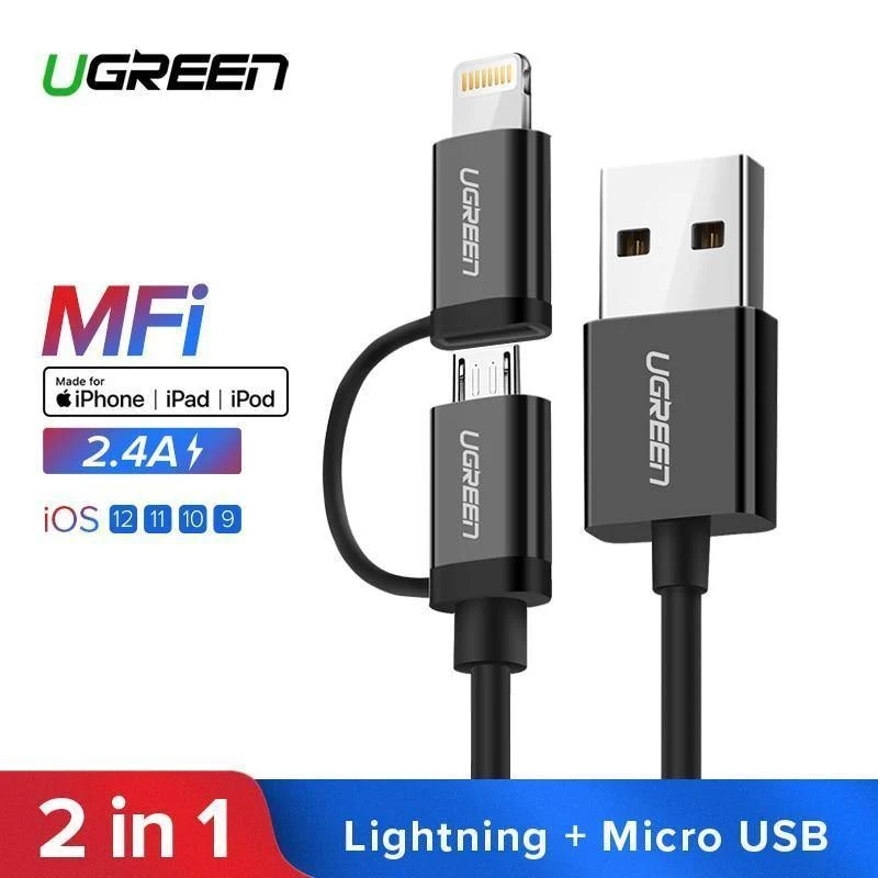 Ugreen USB-Kabel für iPhone XS X 8 7 6 Ladeladegerät 2 in 1 Micro-USB-Kabel für Android USB Typ C Typ-C Handykabel