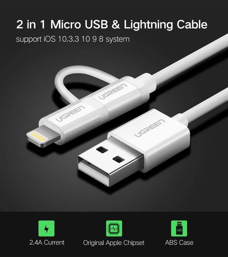 Ugreen USB-Kabel für iPhone XS X 8 7 6 Ladeladegerät 2 in 1 Micro-USB-Kabel für Android USB Typ C Typ-C Handykabel