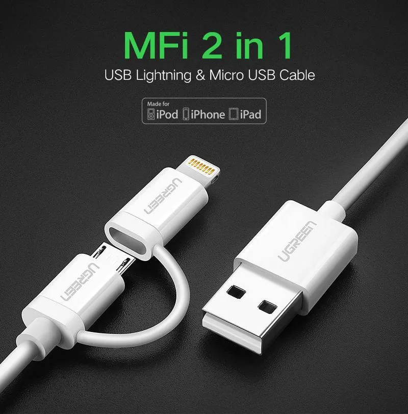 Ugreen USB-Kabel für iPhone XS X 8 7 6 Ladeladegerät 2 in 1 Micro-USB-Kabel für Android USB Typ C Typ-C Handykabel