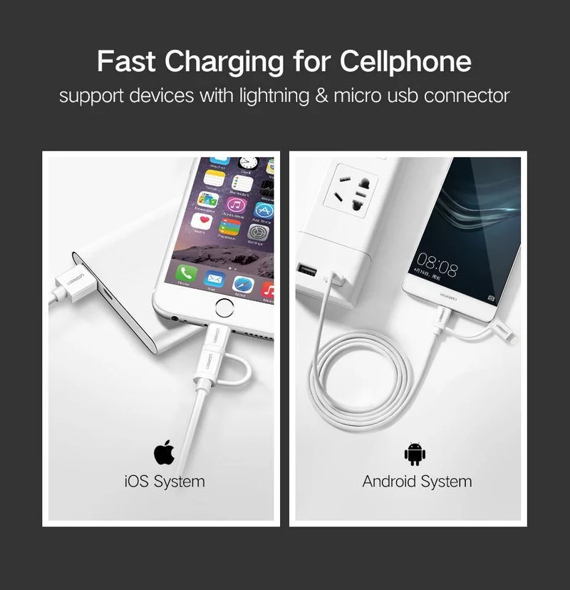 Ugreen USB-Kabel für iPhone XS X 8 7 6 Ladeladegerät 2 in 1 Micro-USB-Kabel für Android USB Typ C Typ-C Handykabel