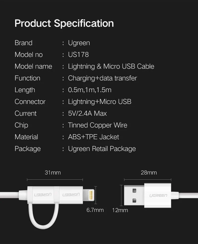 Ugreen USB-Kabel für iPhone XS X 8 7 6 Ladeladegerät 2 in 1 Micro-USB-Kabel für Android USB Typ C Typ-C Handykabel
