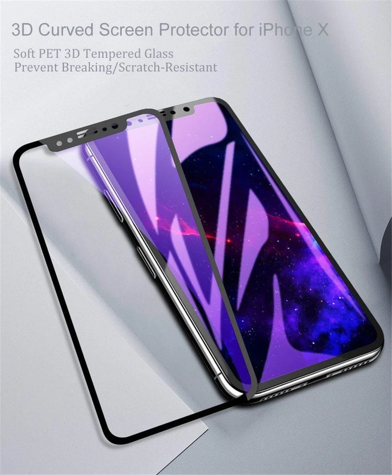Baseus Displayschutzfolie für iPhone X 8 7 6 S 6S Plus gehärtetes Glas 0.23 mm weiches PET 3D gebogene Schutzglas-Frontfolie
