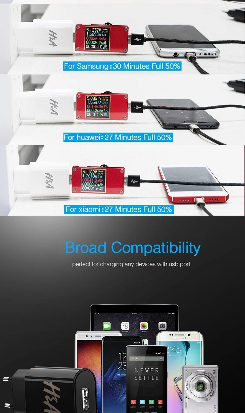 H&A Universelles tragbares USB-Ladegerät EU-Handy-Ladegerät Wandadapter Reiseladegerät USB-Kabel für Huawei für Samsung S9 S8