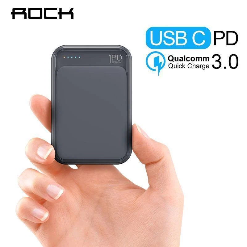 ROCK Mini Power Bank 10000mAh 18W USB C PD Schnellladung QC3.0 Schnellladung Externer Akku für iPhone Xs Max Samsung S9