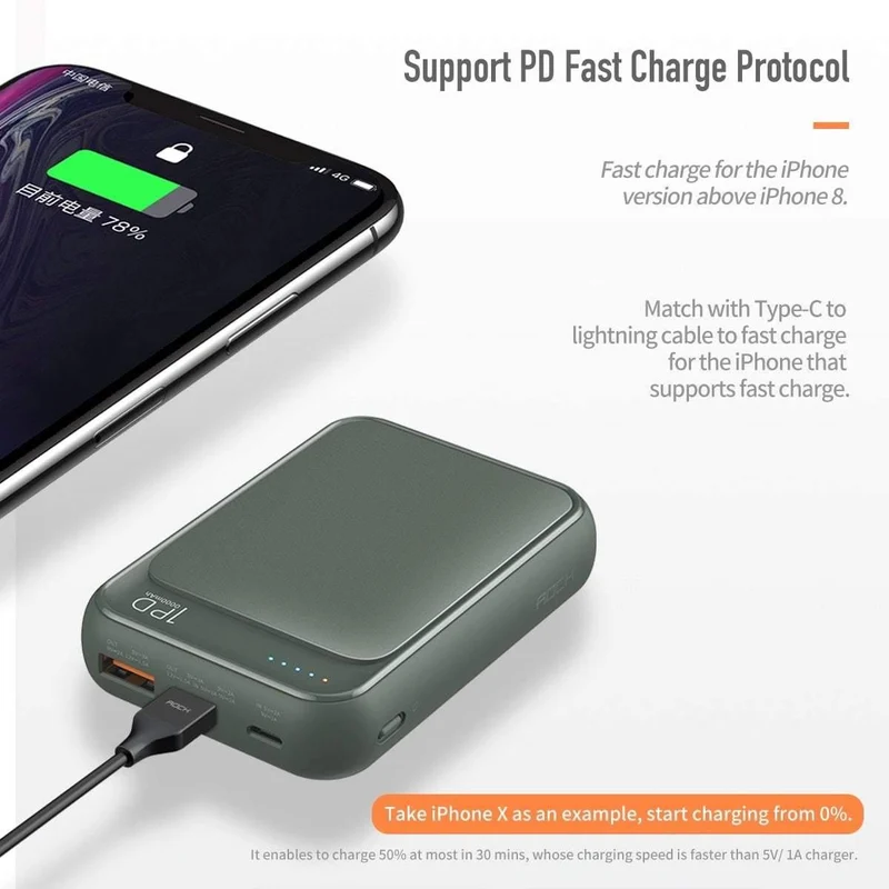 ROCK Mini Power Bank 10000mAh 18W USB C PD Schnellladung QC3.0 Schnellladung Externer Akku für iPhone Xs Max Samsung S9