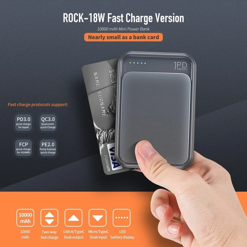 ROCK Mini Power Bank 10000mAh 18W USB C PD Schnellladung QC3.0 Schnellladung Externer Akku für iPhone Xs Max Samsung S9