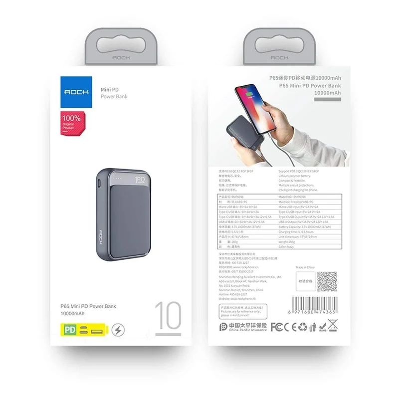 ROCK Mini Power Bank 10000mAh 18W USB C PD Schnellladung QC3.0 Schnellladung Externer Akku für iPhone Xs Max Samsung S9