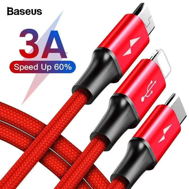 Baseus 3 in 1 USB Kabel Für iPhone XS Max XR X 8 7 Lade Ladegerät Micro USB Kabel 2 in 1 Handy USB Typ c Typ-c Kabel
