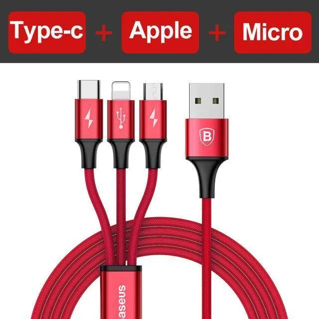 Baseus 3 in 1 USB Kabel Für iPhone XS Max XR X 8 7 Lade Ladegerät Micro USB Kabel 2 in 1 Handy USB Typ c Typ-c Kabel