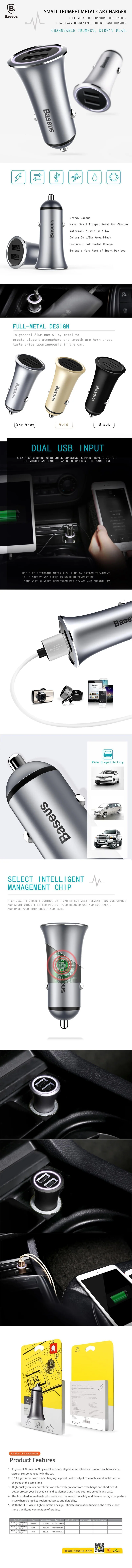 Baseus Metall Dual USB Auto Ladegerät Für iPhone Samsung Xiaomi mi Huawei LED Licht Auto Lade Handy Ladegerät Auto Adapter