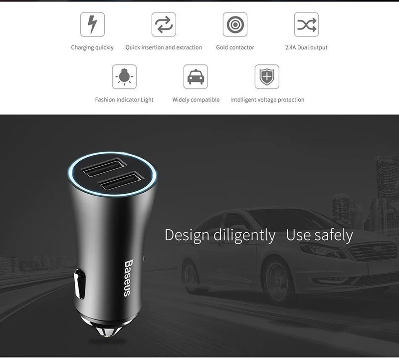 Baseus LED Auto USB Ladegerät Für iPhone Samsung Xiaomi 2.4 EINE Schnelle Lade Adapter Metall Mini USB Auto-Ladegerät Für handy