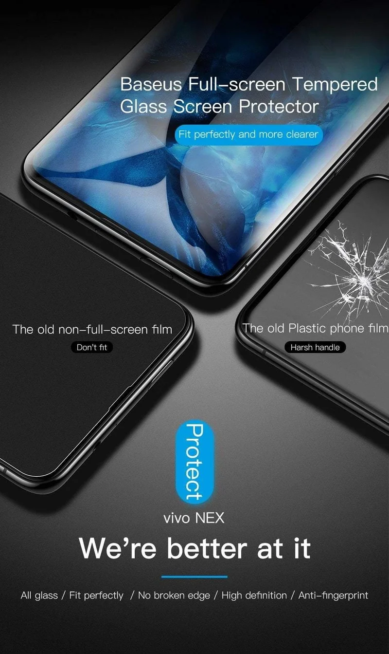 Baseus Displayschutz aus gehärtetem Glas für Vivo Nex, gebogene Kante, HD, vollständige Abdeckung, 0.3 mm, Schutzglas, gehärteter Film für Vivo Nex