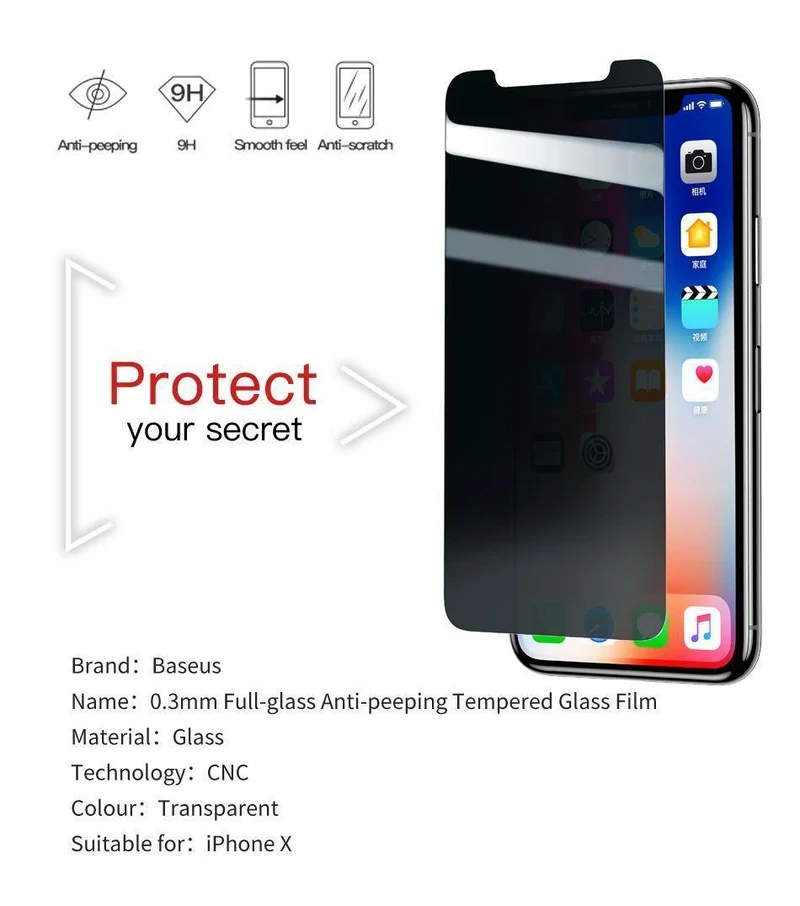 Baseus 0.3 mm Anti-Spionage-Hartglas für iPhone X 10 Sichtschutz für iPhoneX Anti-Peeping-Film Schutzglas