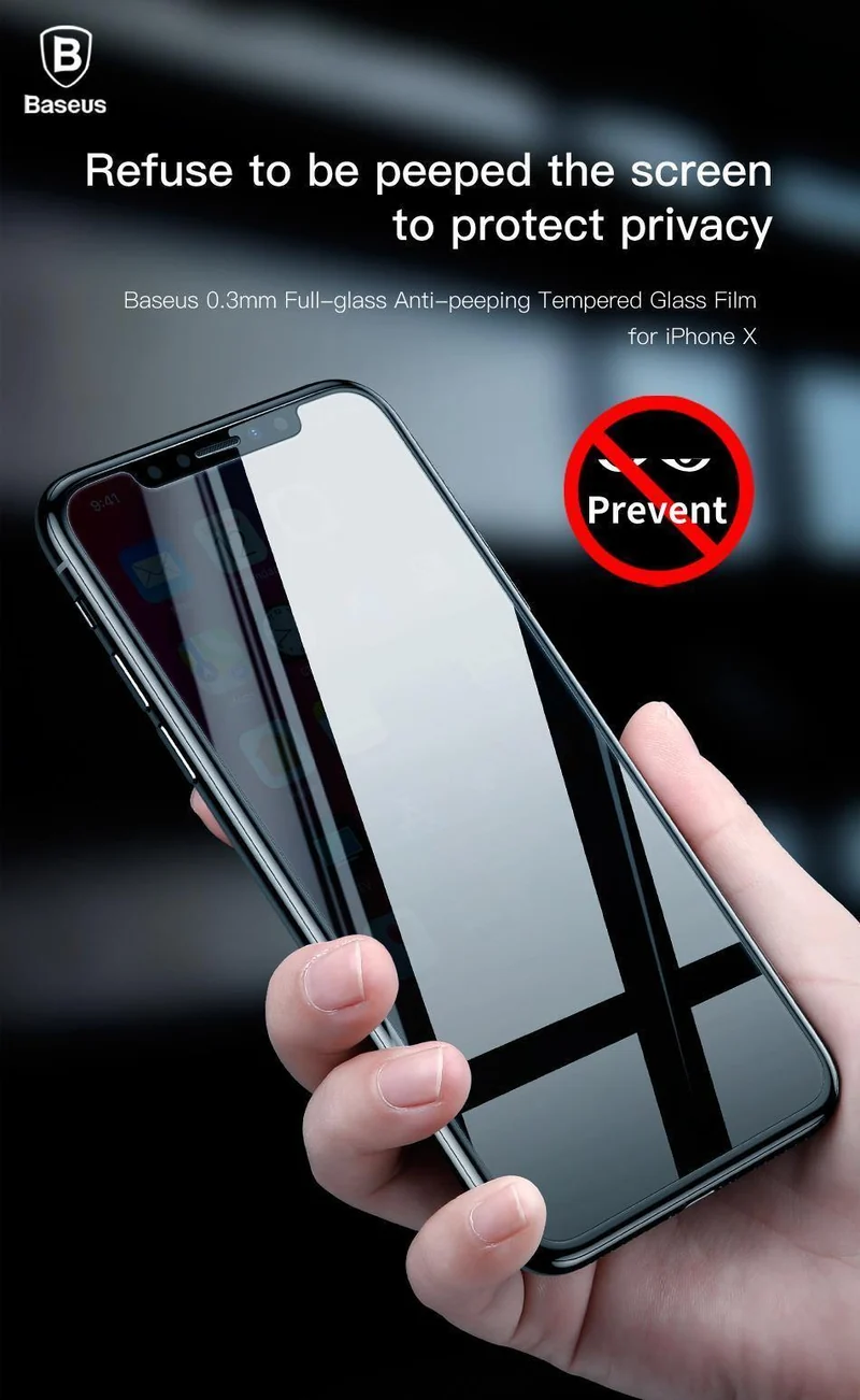 Baseus 0.3 mm Anti-Spionage-Hartglas für iPhone X 10 Sichtschutz für iPhoneX Anti-Peeping-Film Schutzglas