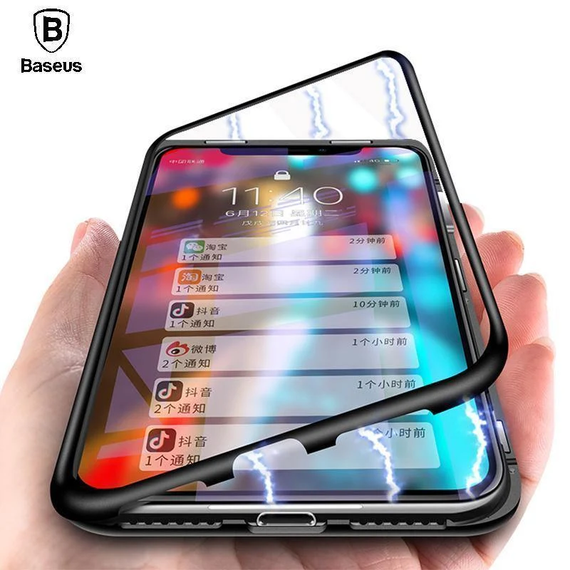 Baseus Magnetische Adsorptionshülle für iPhone X 10 Luxus-Metallstoßstange + gehärtetes Glas Rückseite Flip-Hülle für iPhoneX-Telefonhüllen