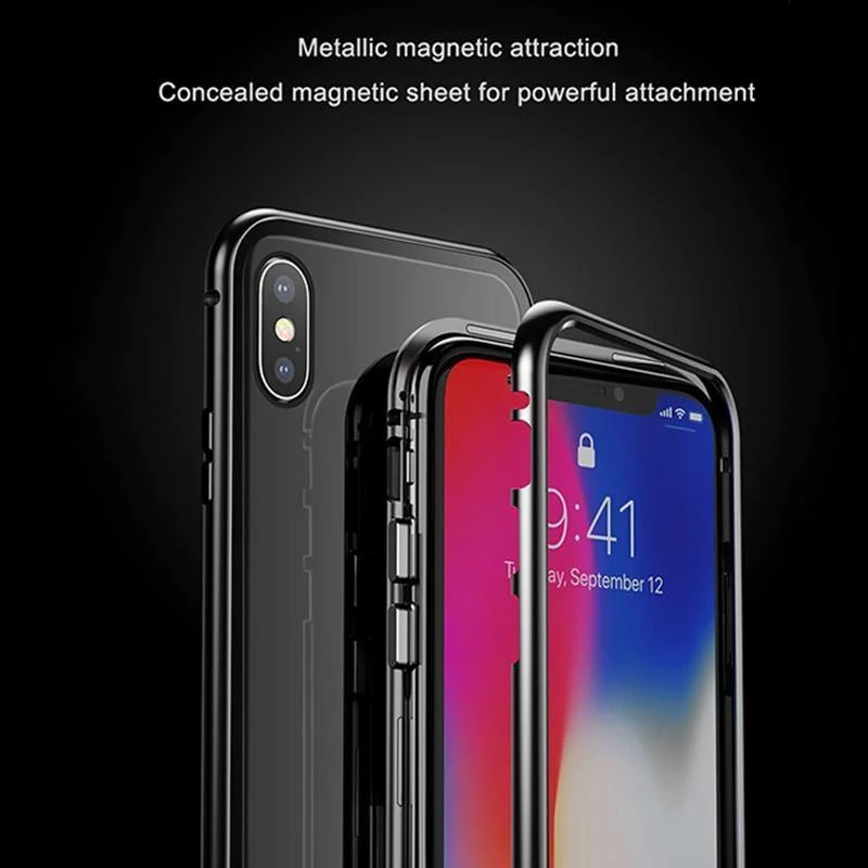 Baseus Magnetische Adsorptionshülle für iPhone X 10 Luxus-Metallstoßstange + gehärtetes Glas Rückseite Flip-Hülle für iPhoneX-Telefonhüllen