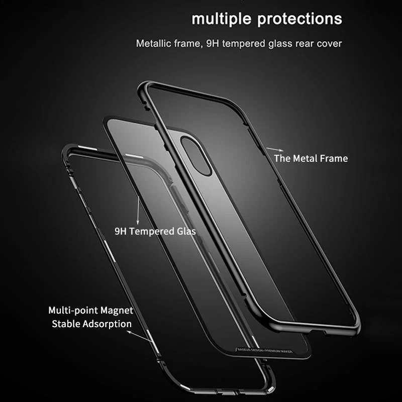 Baseus Magnetische Adsorptionshülle für iPhone X 10 Luxus-Metallstoßstange + gehärtetes Glas Rückseite Flip-Hülle für iPhoneX-Telefonhüllen