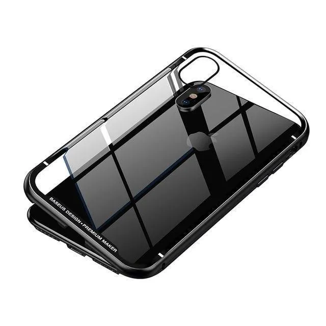 Baseus Magnetische Adsorptionshülle für iPhone X 10 Luxus-Metallstoßstange + gehärtetes Glas Rückseite Flip-Hülle für iPhoneX-Telefonhüllen