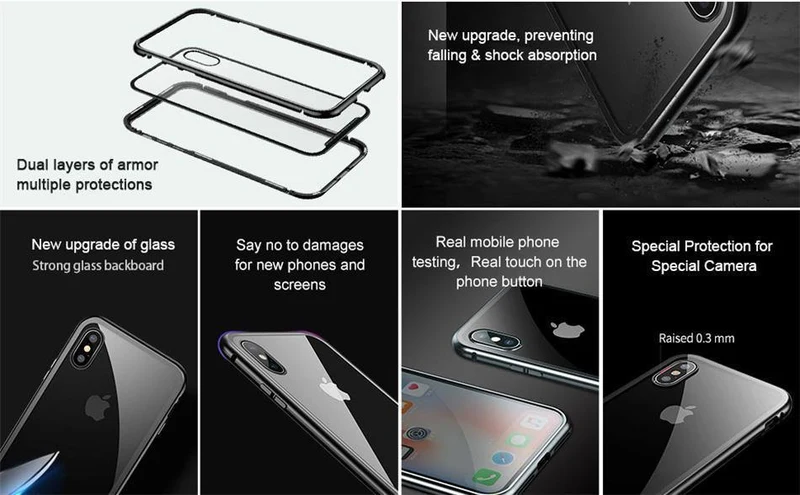 Baseus Magnetische Adsorptionshülle für iPhone X 10 Luxus-Metallstoßstange + gehärtetes Glas Rückseite Flip-Hülle für iPhoneX-Telefonhüllen