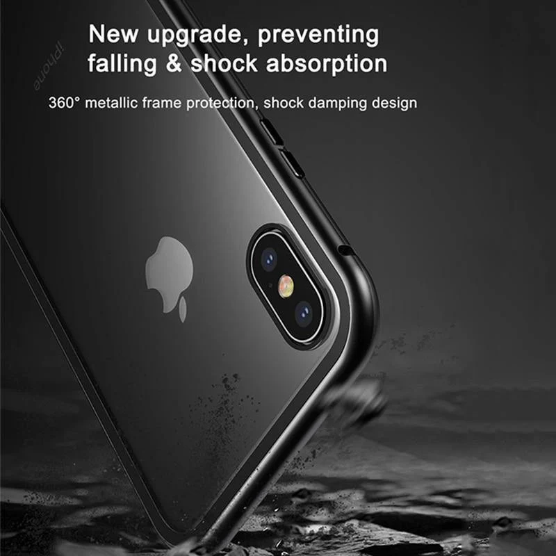 Baseus Magnetische Adsorptionshülle für iPhone X 10 Luxus-Metallstoßstange + gehärtetes Glas Rückseite Flip-Hülle für iPhoneX-Telefonhüllen