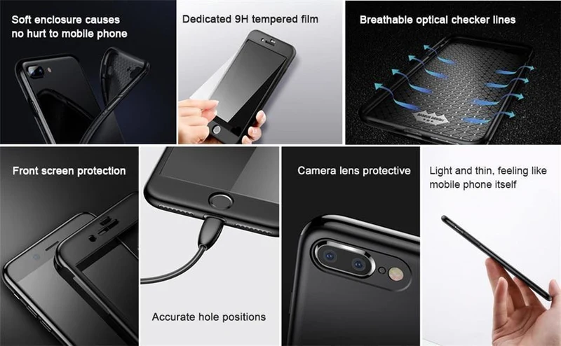 Baseus 360 Ganzkörper-Hart-PC-Hülle für iPhone 8 7 Plus Abdeckung aus gehärtetem Glas + TPU-Rückseite Schutzhülle für iPhone 8Plus 7Plus