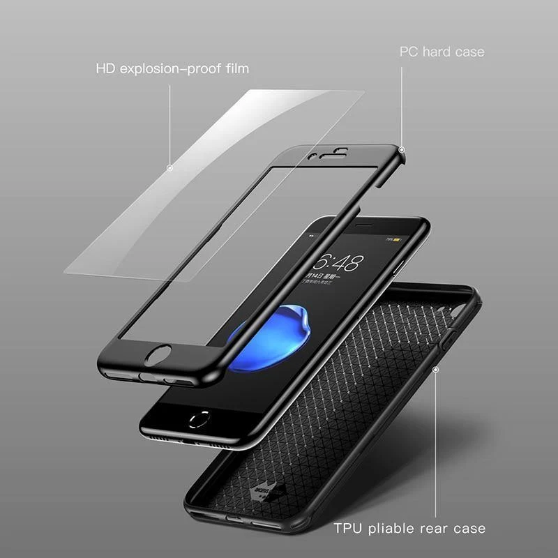 Baseus 360 Ganzkörper-Hart-PC-Hülle für iPhone 8 7 Plus Abdeckung aus gehärtetem Glas + TPU-Rückseite Schutzhülle für iPhone 8Plus 7Plus