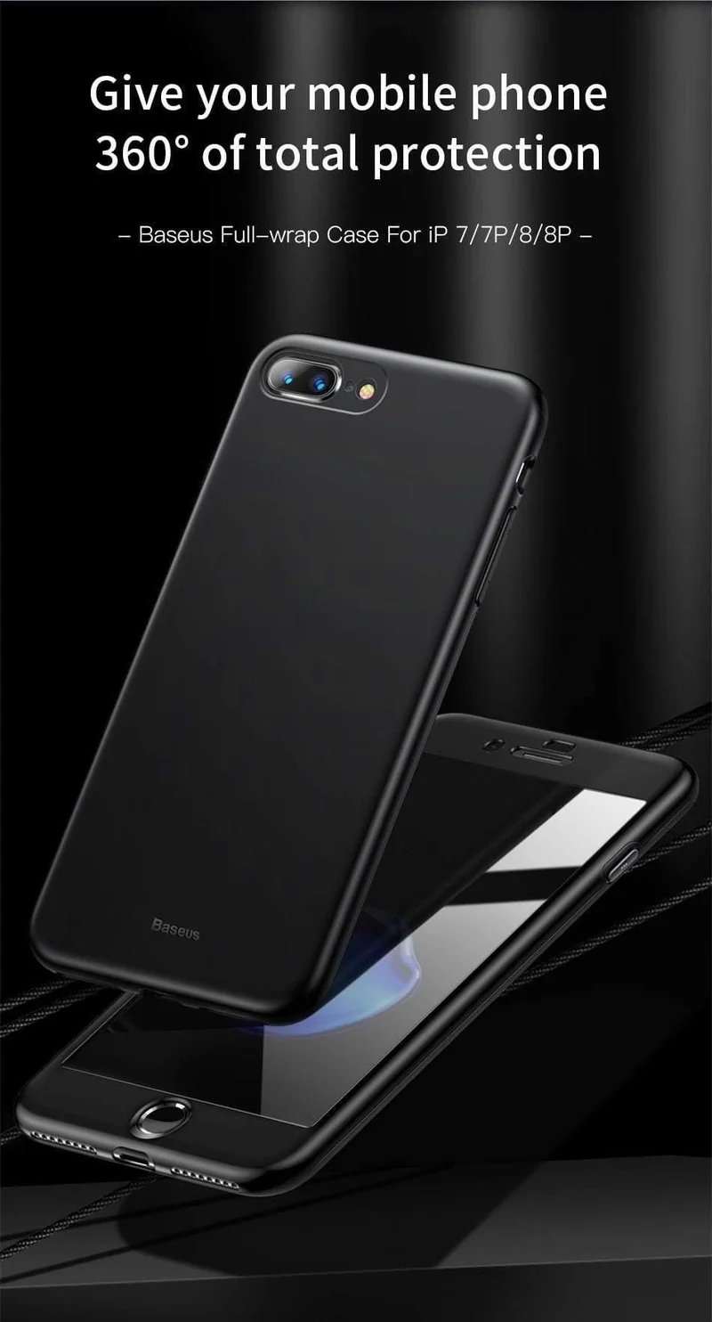 Baseus 360 Ganzkörper-Hart-PC-Hülle für iPhone 8 7 Plus Abdeckung aus gehärtetem Glas + TPU-Rückseite Schutzhülle für iPhone 8Plus 7Plus