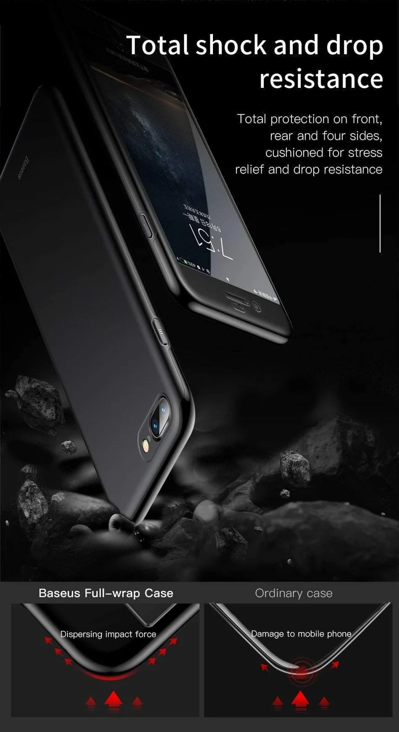 Baseus 360 Ganzkörper-Hart-PC-Hülle für iPhone 8 7 Plus Abdeckung aus gehärtetem Glas + TPU-Rückseite Schutzhülle für iPhone 8Plus 7Plus