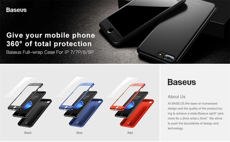 Baseus 360 Ganzkörper-Hart-PC-Hülle für iPhone 8 7 Plus Abdeckung aus gehärtetem Glas + TPU-Rückseite Schutzhülle für iPhone 8Plus 7Plus