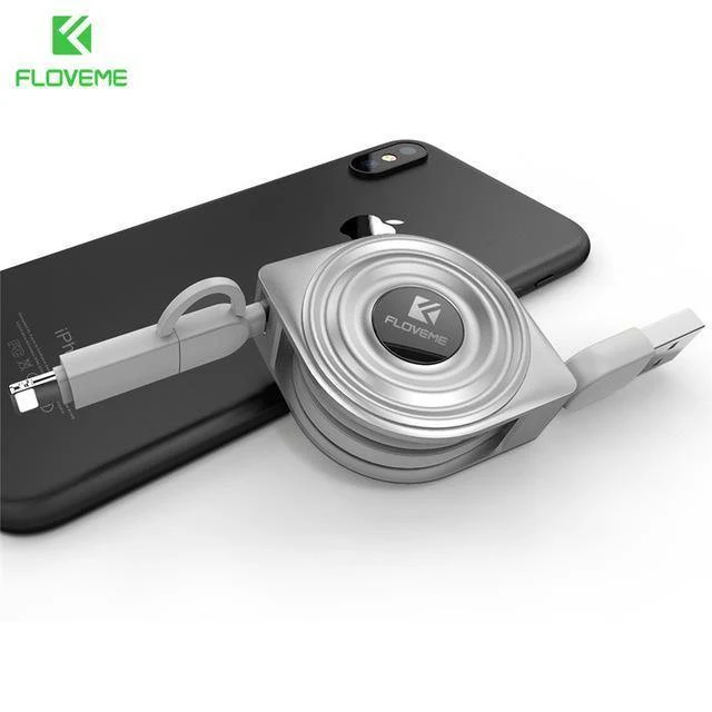FLOVEME 2 in 1 USB Kabel + Micro USB Kabel Einziehbares Handy-Ladegerät für iPhone X 8 7 6 iPad Air 1M für Xiaomi Cabos