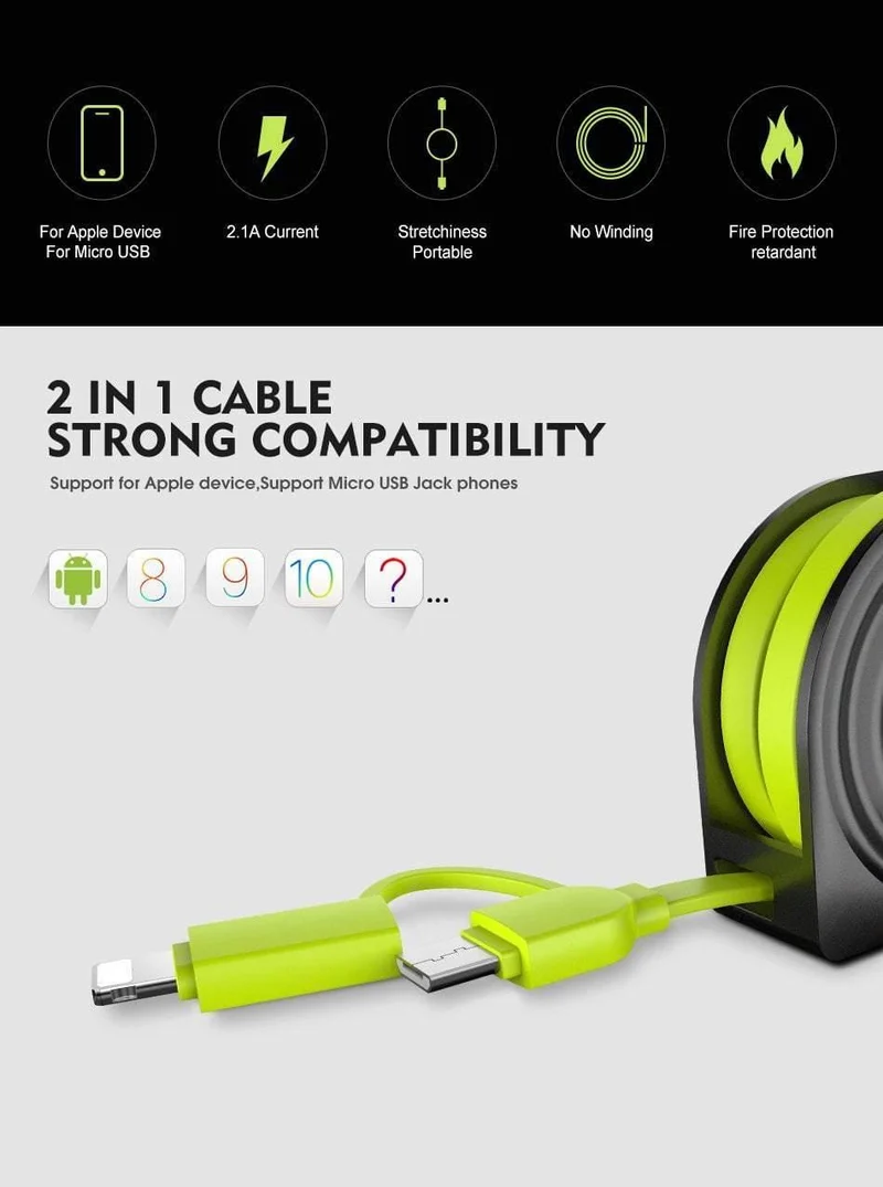FLOVEME 2 in 1 USB Kabel + Micro USB Kabel Einziehbares Handy-Ladegerät für iPhone X 8 7 6 iPad Air 1M für Xiaomi Cabos
