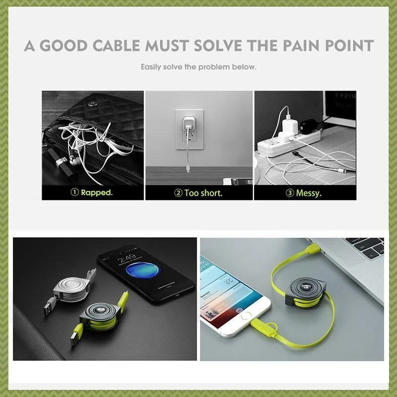 FLOVEME 2 in 1 USB Kabel + Micro USB Kabel Einziehbares Handy-Ladegerät für iPhone X 8 7 6 iPad Air 1M für Xiaomi Cabos