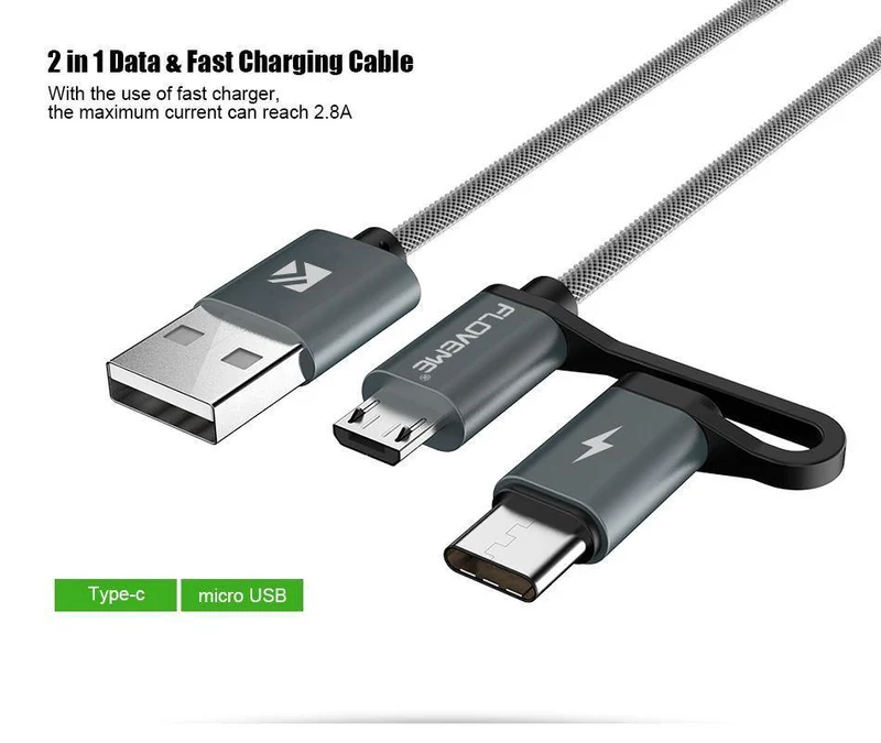 FLOVEME 2 in 1 Mirco USB + Typ-C USB Kabel Geflochtenes Schnellladegerät QC 3.0 USB-C Handykabel für Galaxy S8 Xiaomi Smartphone