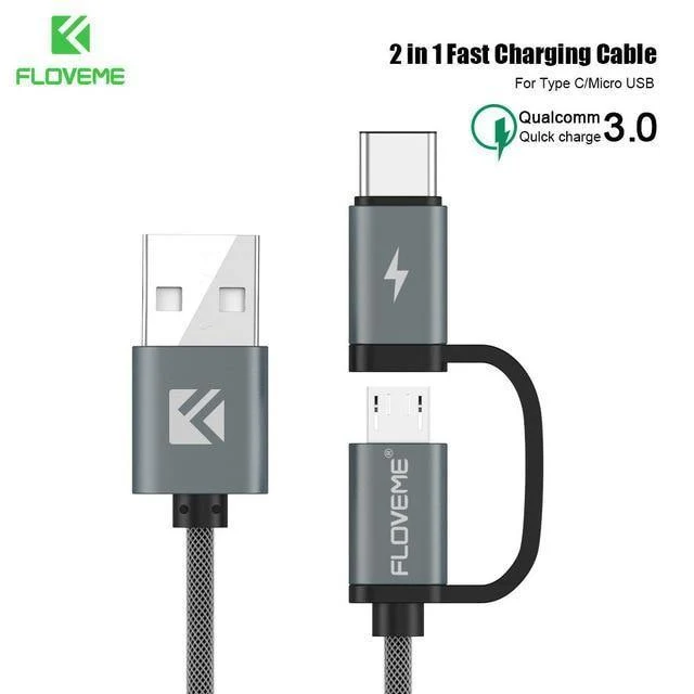FLOVEME 2 in 1 Mirco USB + Typ-C USB Kabel Geflochtenes Schnellladegerät QC 3.0 USB-C Handykabel für Galaxy S8 Xiaomi Smartphone