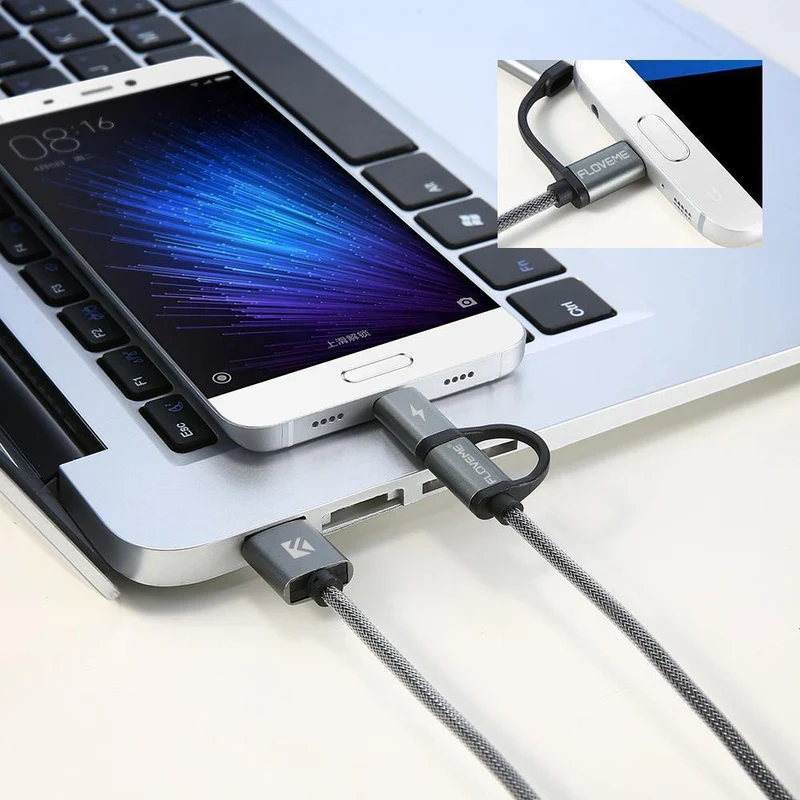 FLOVEME 2 in 1 Mirco USB + Typ-C USB Kabel Geflochtenes Schnellladegerät QC 3.0 USB-C Handykabel für Galaxy S8 Xiaomi Smartphone