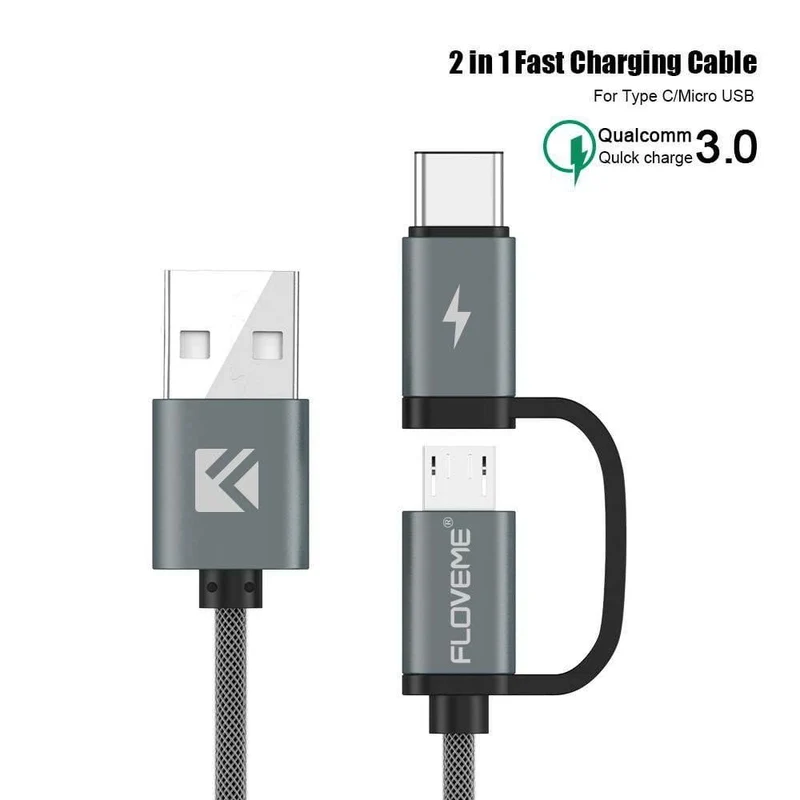 FLOVEME 2 in 1 Mirco USB + Typ-C USB Kabel Geflochtenes Schnellladegerät QC 3.0 USB-C Handykabel für Galaxy S8 Xiaomi Smartphone