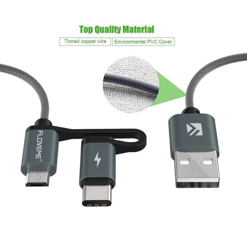 FLOVEME 2 in 1 Mirco USB + Typ-C USB Kabel Geflochtenes Schnellladegerät QC 3.0 USB-C Handykabel für Galaxy S8 Xiaomi Smartphone