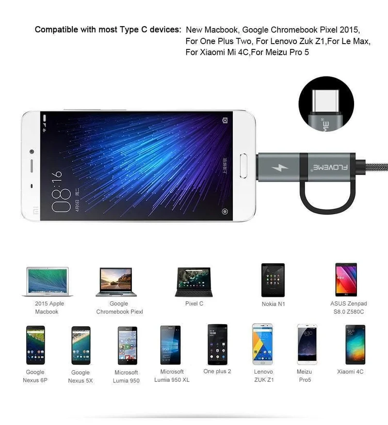 FLOVEME 2 in 1 Mirco USB + Typ-C USB Kabel Geflochtenes Schnellladegerät QC 3.0 USB-C Handykabel für Galaxy S8 Xiaomi Smartphone