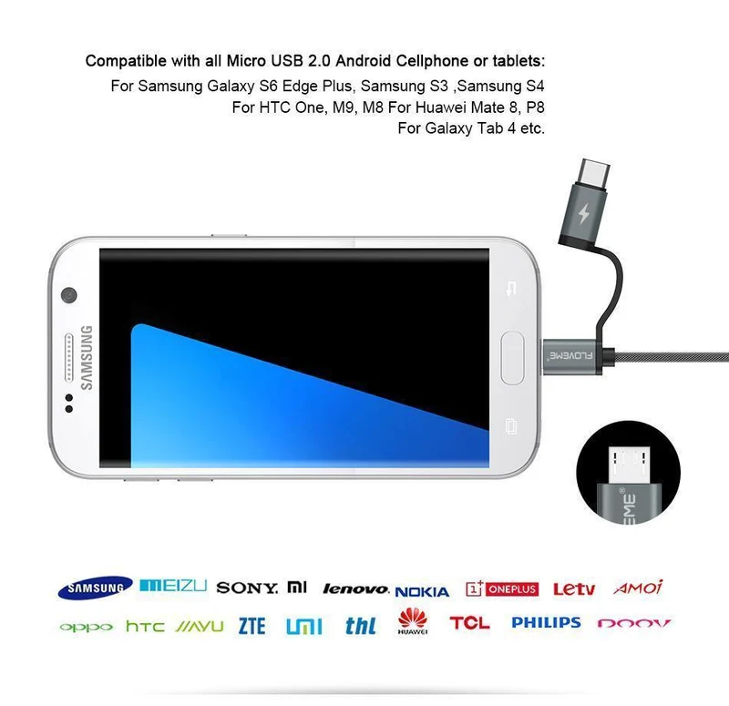 FLOVEME 2 in 1 Mirco USB + Typ-C USB Kabel Geflochtenes Schnellladegerät QC 3.0 USB-C Handykabel für Galaxy S8 Xiaomi Smartphone