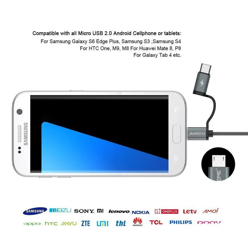 FLOVEME 2 in 1 Mirco USB + Typ-C USB Kabel Geflochtenes Schnellladegerät QC 3.0 USB-C Handykabel für Galaxy S8 Xiaomi Smartphone