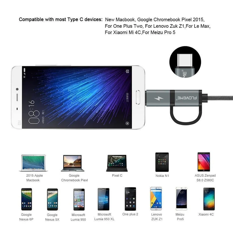FLOVEME 2 in 1 Mirco USB + Typ-C USB Kabel Geflochtenes Schnellladegerät QC 3.0 USB-C Handykabel für Galaxy S8 Xiaomi Smartphone