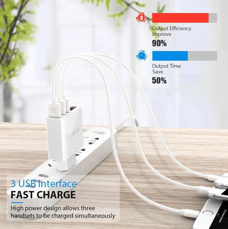 FLOVEME USB-Ladegerät 15 W 3 Anschlüsse + LED-Anzeige Tragbare Telefonladegeräte Schneller USB-Lade-Reiseadapter für iPhone X 8 Samsung S8
