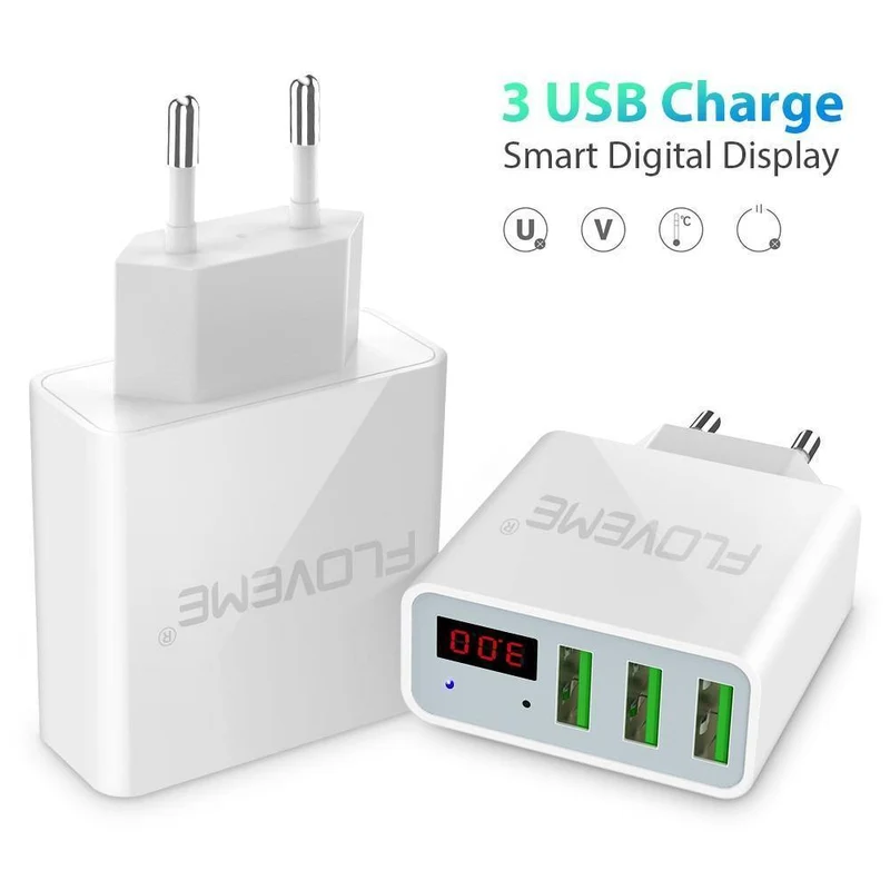 FLOVEME USB-Ladegerät 15 W 3 Anschlüsse + LED-Anzeige Tragbare Telefonladegeräte Schneller USB-Lade-Reiseadapter für iPhone X 8 Samsung S8
