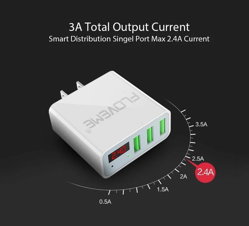 FLOVEME USB-Ladegerät 15 W 3 Anschlüsse + LED-Anzeige Tragbare Telefonladegeräte Schneller USB-Lade-Reiseadapter für iPhone X 8 Samsung S8