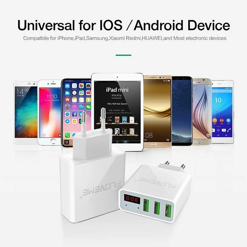 FLOVEME USB-Ladegerät 15 W 3 Anschlüsse + LED-Anzeige Tragbare Telefonladegeräte Schneller USB-Lade-Reiseadapter für iPhone X 8 Samsung S8