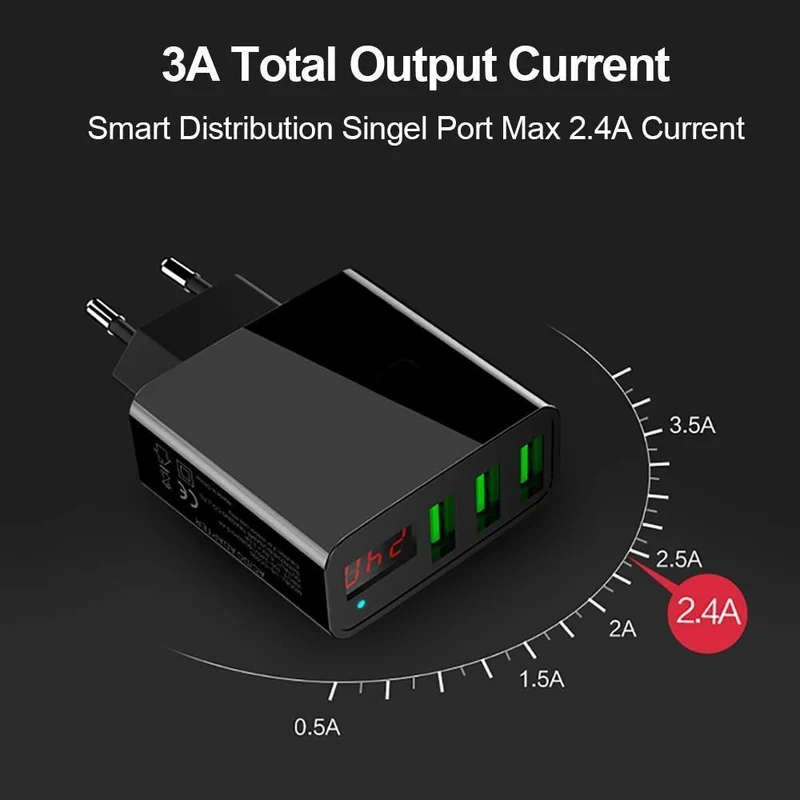 TOMKAS 3-Port-USB-Ladegerät EU-Reise-tragbare Telefonladegeräte LED-Anzeige Schnellladeadapter für iPhone Universal-Wandladegerät