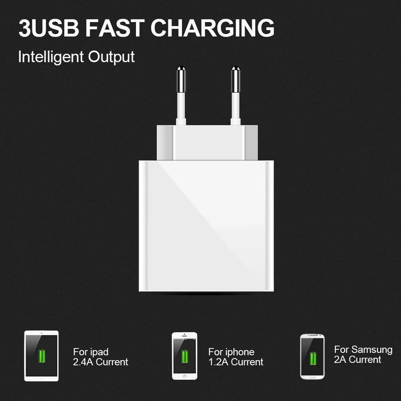 TOMKAS 3-Port-USB-Ladegerät EU-Reise-tragbare Telefonladegeräte LED-Anzeige Schnellladeadapter für iPhone Universal-Wandladegerät