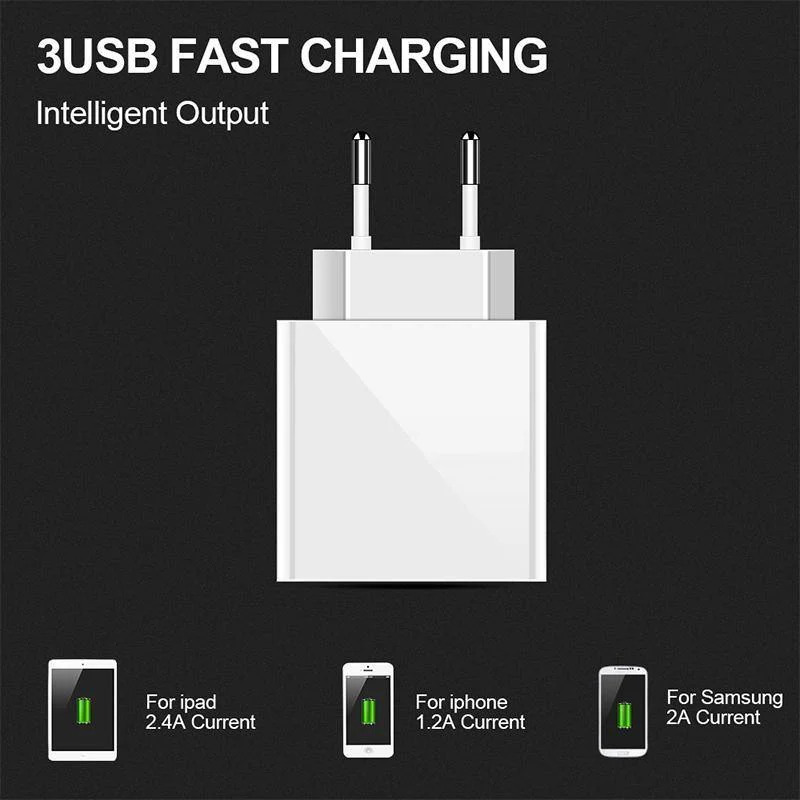TOMKAS 3-Port-USB-Ladegerät EU-Reise-tragbare Telefonladegeräte LED-Anzeige Schnellladeadapter für iPhone Universal-Wandladegerät