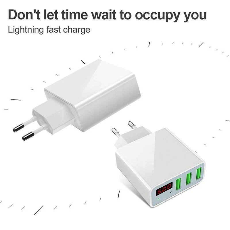 TOMKAS 3-Port-USB-Ladegerät EU-Reise-tragbare Telefonladegeräte LED-Anzeige Schnellladeadapter für iPhone Universal-Wandladegerät