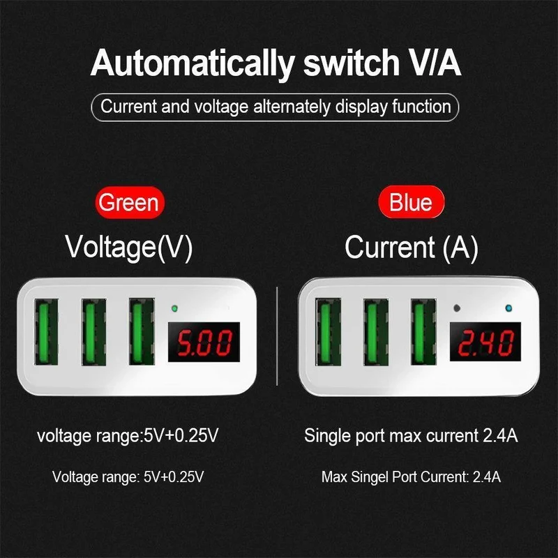 TOMKAS 3-Port-USB-Ladegerät EU-Reise-tragbare Telefonladegeräte LED-Anzeige Schnellladeadapter für iPhone Universal-Wandladegerät